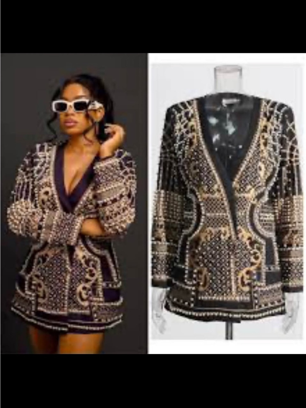 Embellished Black and Gold Beaded V-Neck Jacket